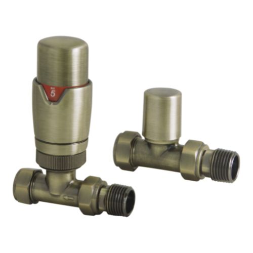 Eliseo Ricci Thermostatic Straight Radiator Valve Pack - Brushed Brass (20521)