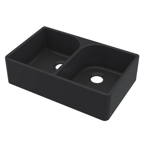 Nuie Butler Double Bowl 795x500x220mm Fireclay Sink with Full Weir - Matt Black (20293)