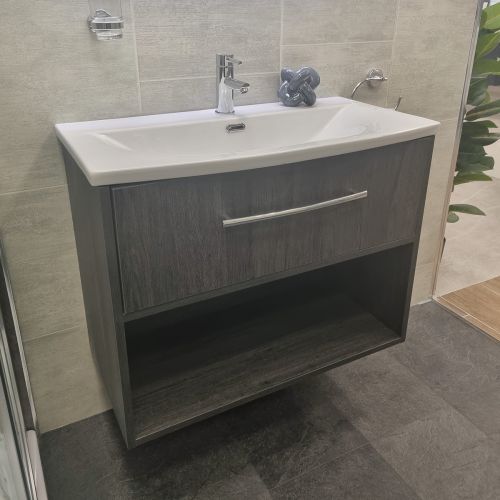 Josef Martin 800mm Havana Wall Mounted Vanity Unit with Open Shelf & Curved Basin - Roble Azabache (15671)